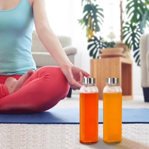 GUANENA 12 Pack Glass Water Bottles, 16oz Clear Glass Bottles with Stainless Steel Lids, Reusable Glass Drink Bottles with Caps for Juicing, Smoothies, Tea, Water, Beverages