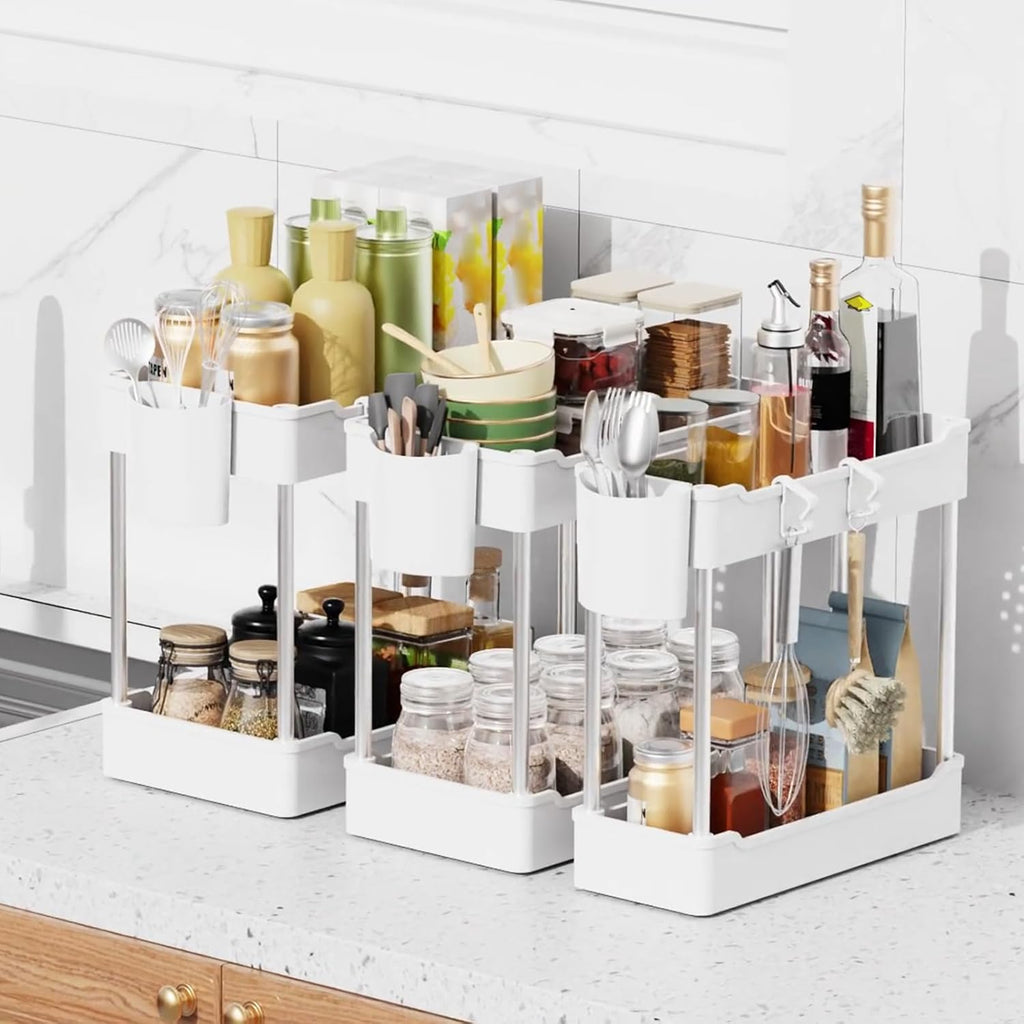 Skiennix 3-Pack Under Sink Organizers - 2-Tier Bathroom Cabinet Shelf with Hanging Cups | White