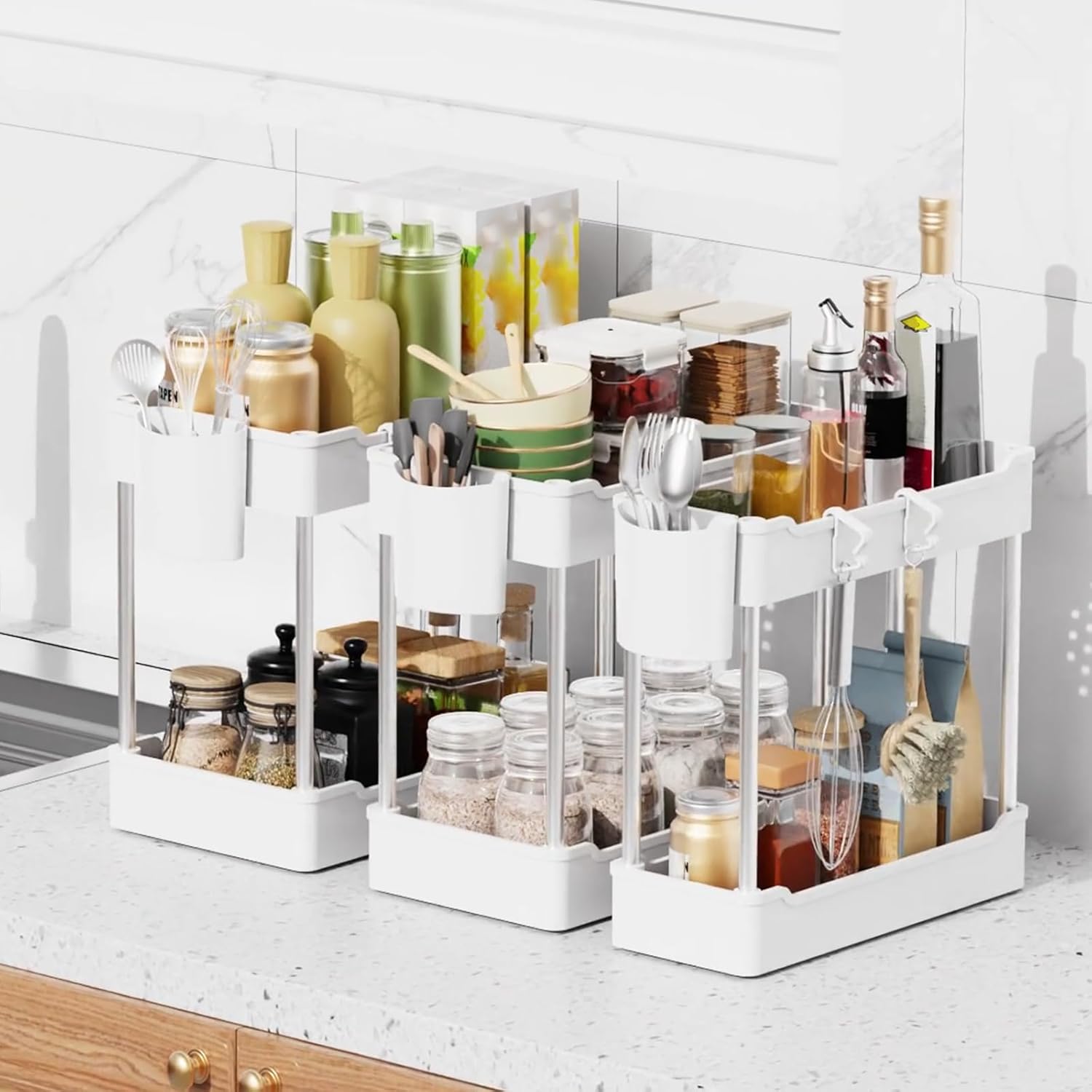 Skiennix 3-Pack Under Sink Organizers - 2-Tier Bathroom Cabinet Shelf with Hanging Cups | White