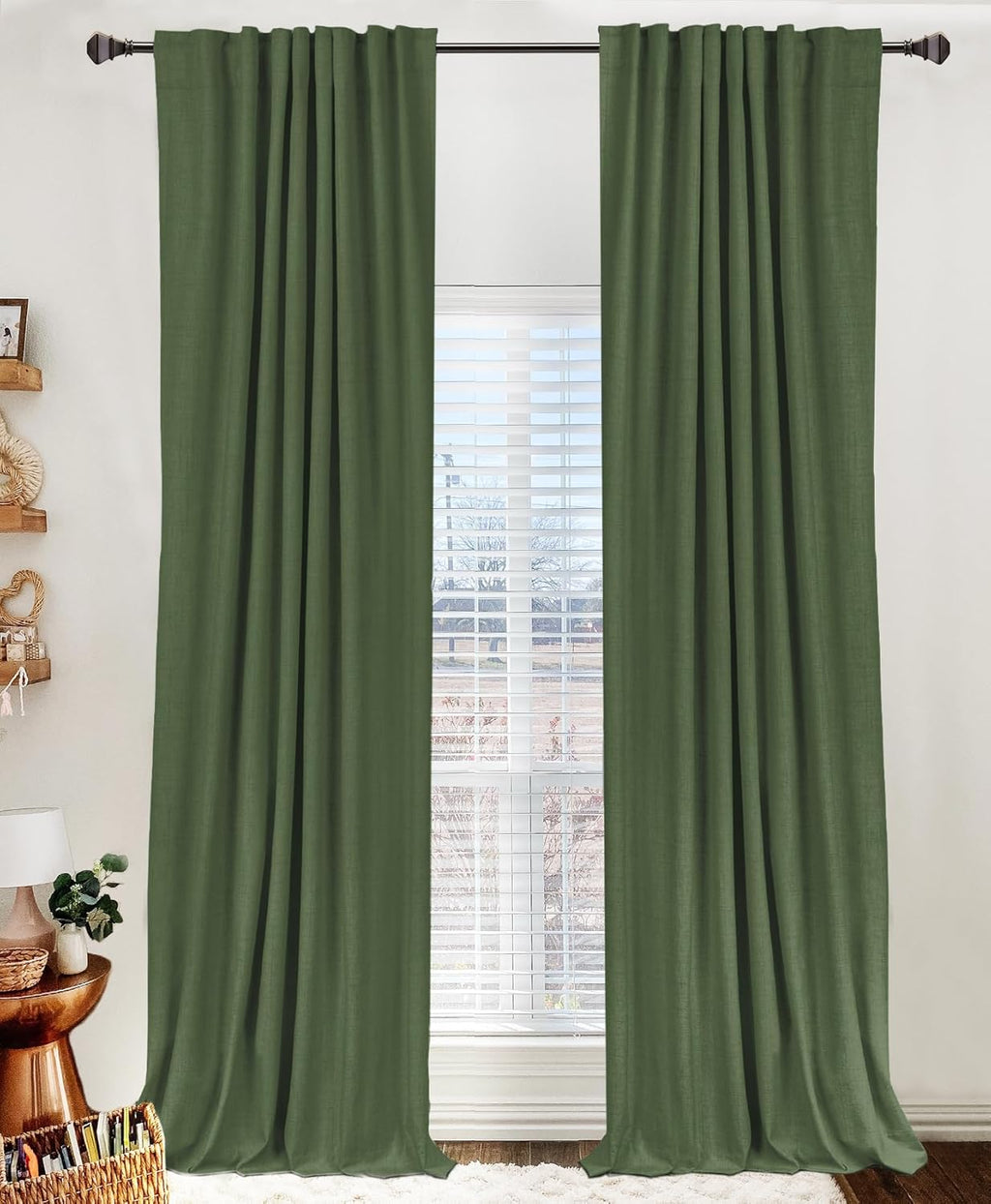 Skiennix 100% Blackout Linen Curtains - Thermal Insulated Drapes, 2 Panels Set | Moss Green, 50" W x 63" L