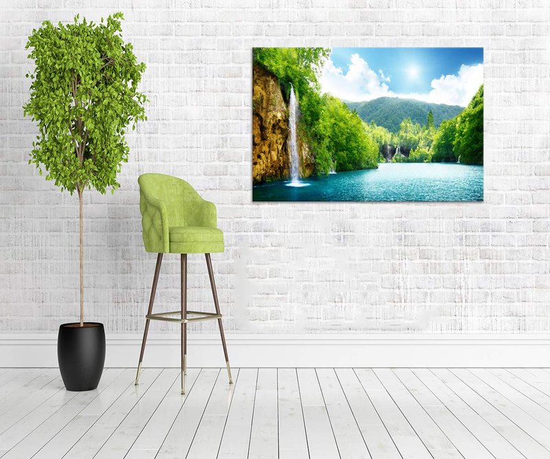 Yatsen Bridge Waterfall Painting for Living Room Wall Art Home Decor Prints Green Forest and Lake Pictures Artworks Wall Decoration Framed Ready to Hang for House(36''W x 24''H)