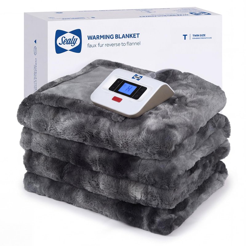 Sealy Electric Blanket Twin Size, Faux Fur & Flannel Fast Heated Blanket with 10 Heating Levels & 1-12 Hours Auto Off, Machine Washable, Grey, 62x 84 Inch