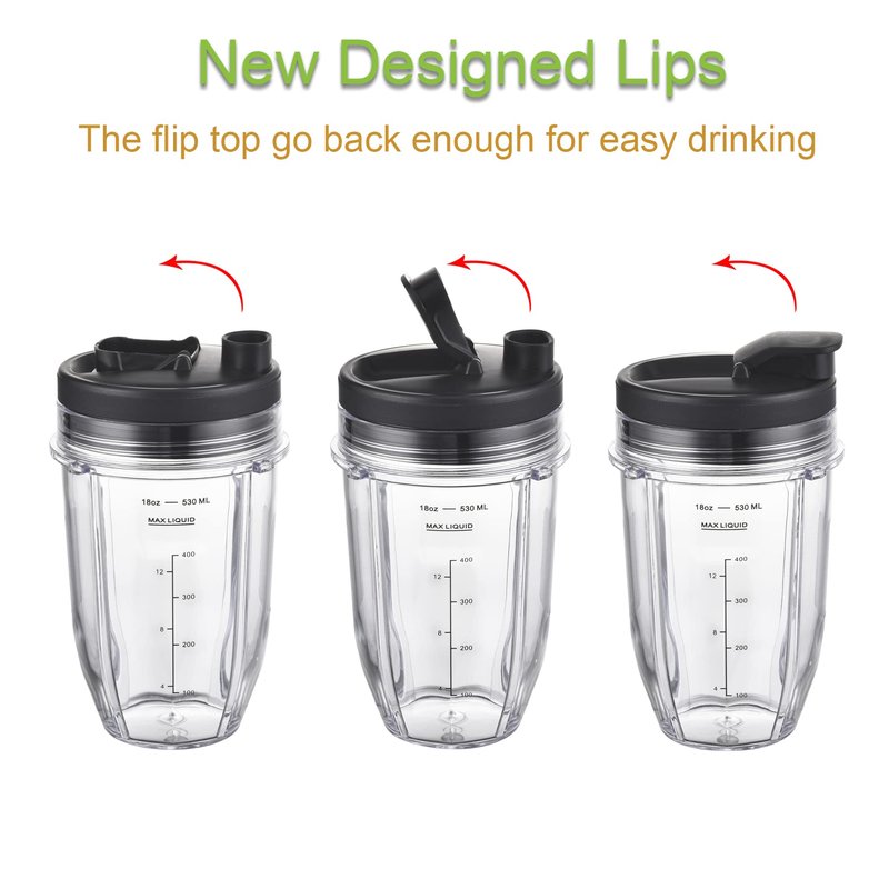 [Upgraded] Replacement 18oz Cups for Nutri Ninja Blenders, Blender Replacement Parts with Upgraded Lid For Auto-IQ BL480, BL482, BL490, BL640, BL642, & BL680 Auto IQ Series Blenders., 2 Pack
