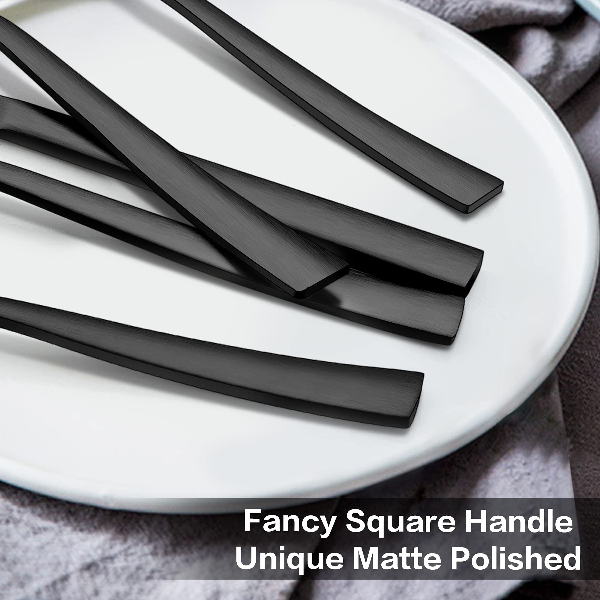 LIANYU 48-Piece Matte Black Silverware Set with Steak Knives, Stainless Steel Flatware Cutlery Set for 8, Square Eating Utensils Tableware Include Forks Knives Spoons, Dishwasher Safe