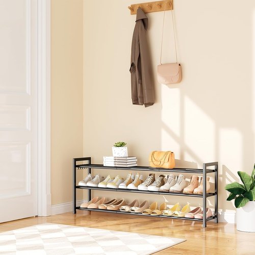 Expandable Shoe Rack by [Brand Name] - Adjustable 3-Tier Shoe Organizer for 18 Pairs | Sturdy Metal Storage in Black