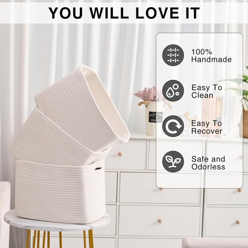ICERZCZ Storage Baskets - Woven Cotton Rope Bins for Nursery & Home Organization | 15"x11"x9.5", Off White, 3 Pack