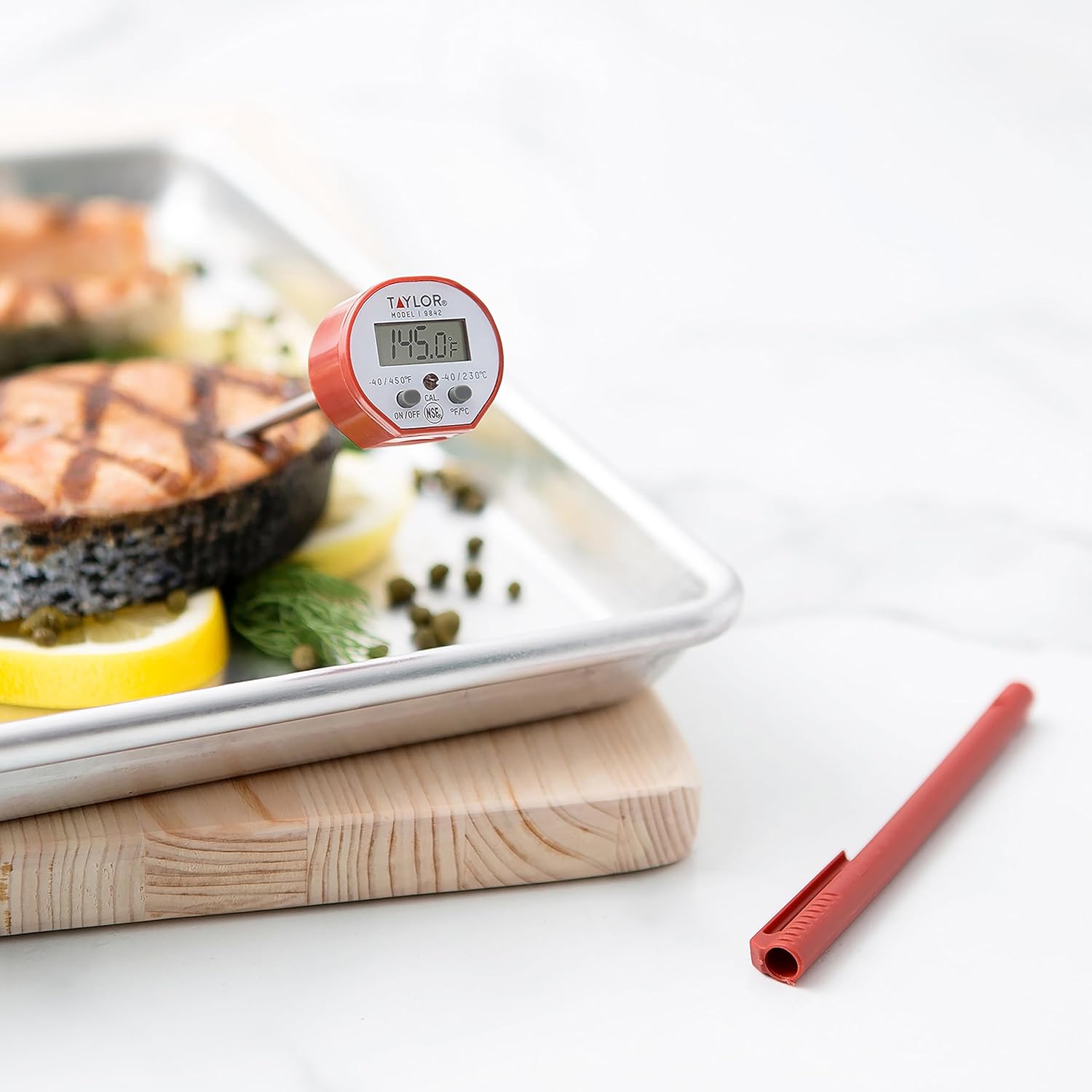 Taylor Waterproof Digital Instant Read Thermometer - Perfect for Cooking, BBQ & Grilling | Red with Pocket Sleeve Clip