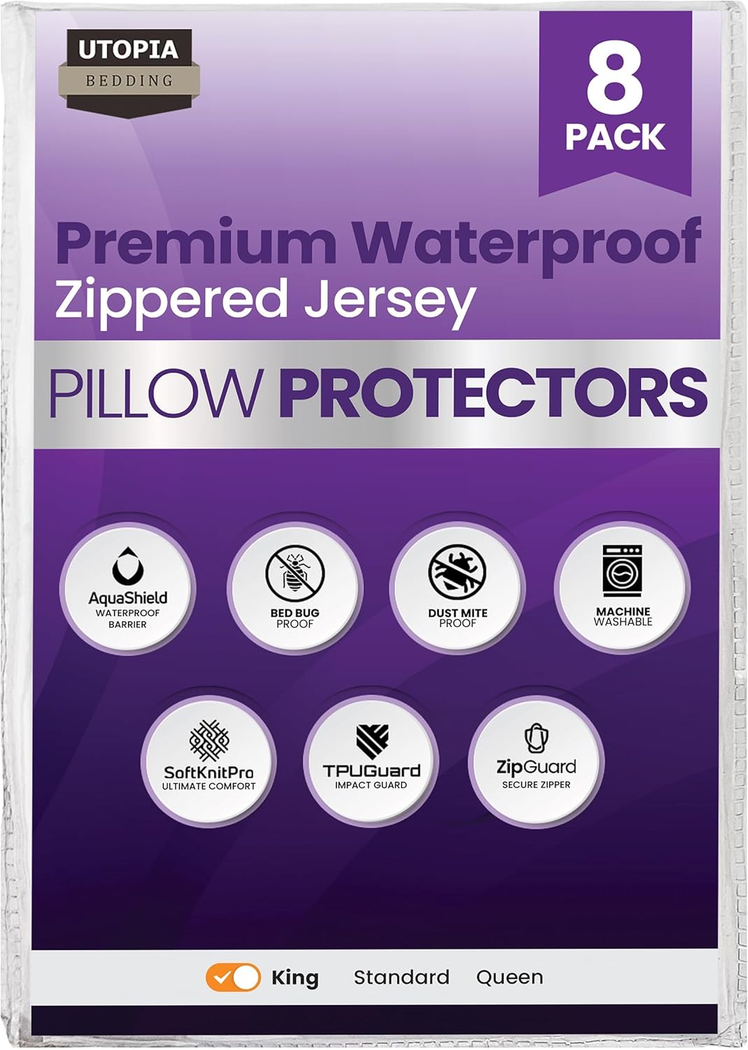 Utopia Bedding King Size Pillow Protectors - Set of 8, Waterproof & Dust Mite Proof Encasements (White)
