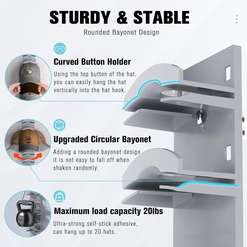 Skiennix Hat Organizer - Wall-Mounted Rack for Up to 10 Baseball Caps | Strong Adhesive, Grey