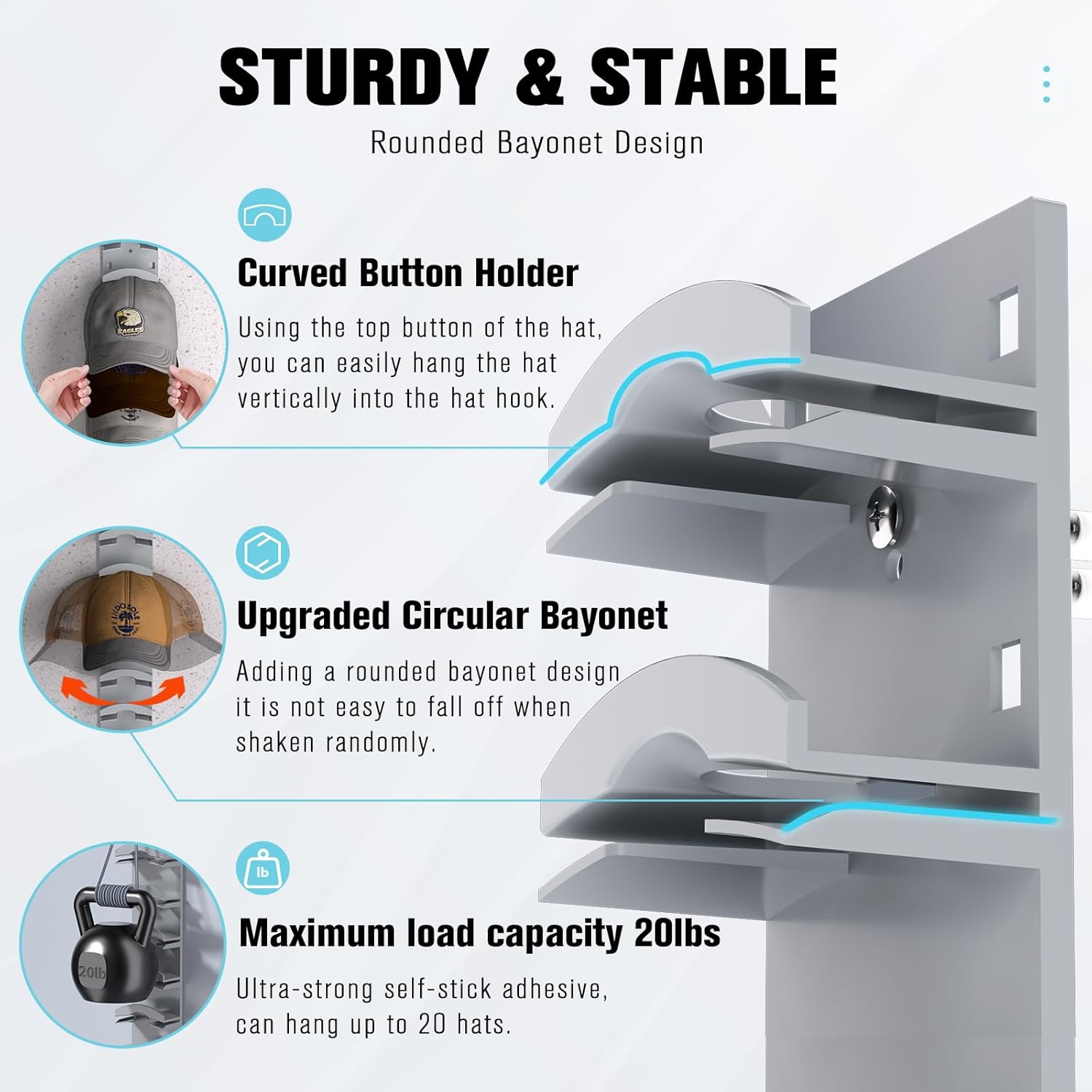 Skiennix Hat Organizer - Wall-Mounted Rack for Up to 10 Baseball Caps | Strong Adhesive, Grey