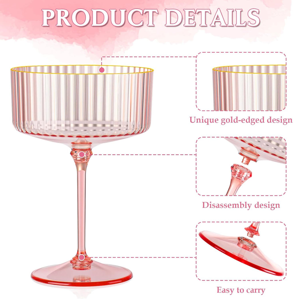 Skiennix 12 PCS Pink Ribbed Coupe Glasses - 10oz Vintage Cocktail Cups with Detachable Gold Rim