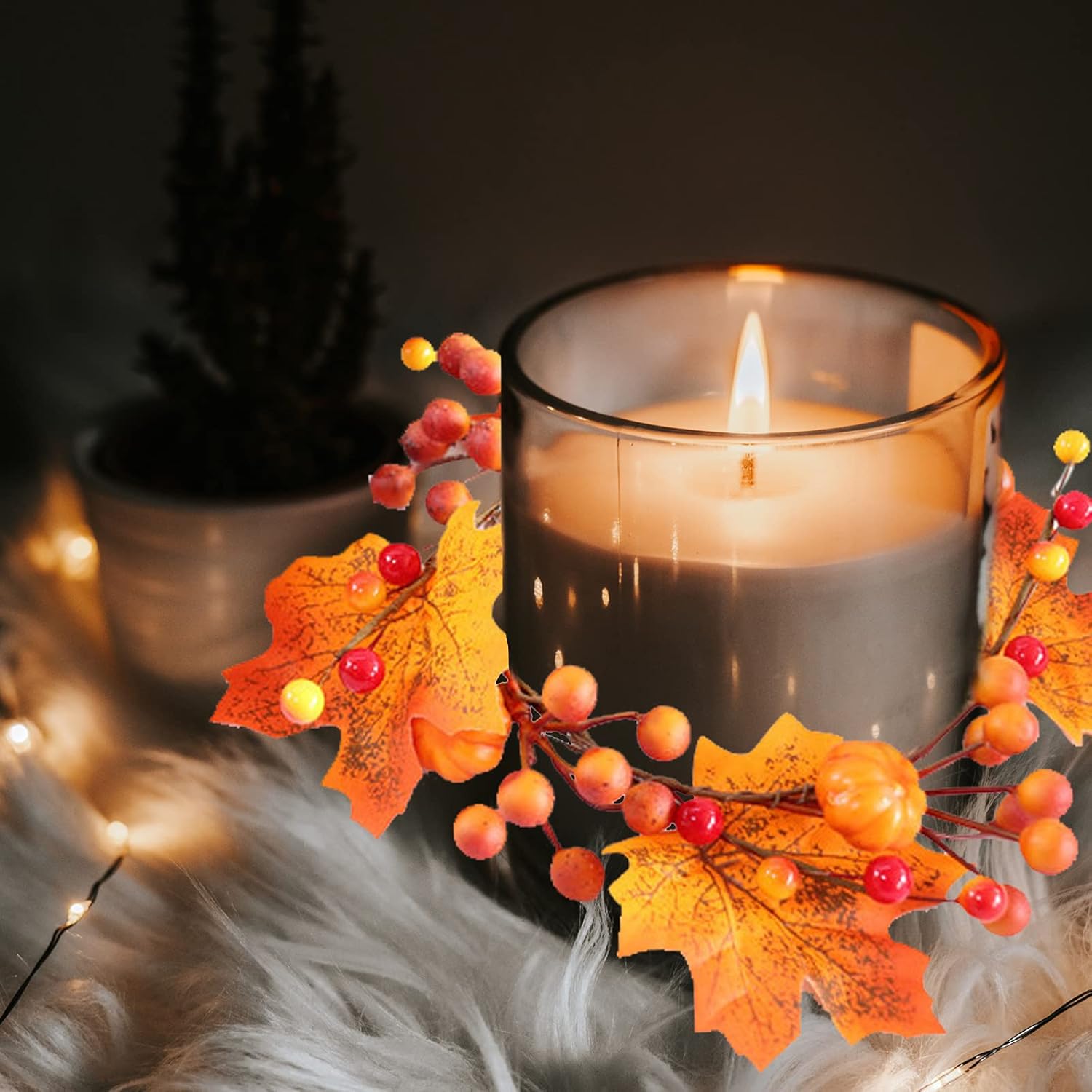 Skiennix 6-Piece Fall Candle Ring Wreaths - 4.7 Inch Pumpkin Maple Leaf & Berries Decor | Orange