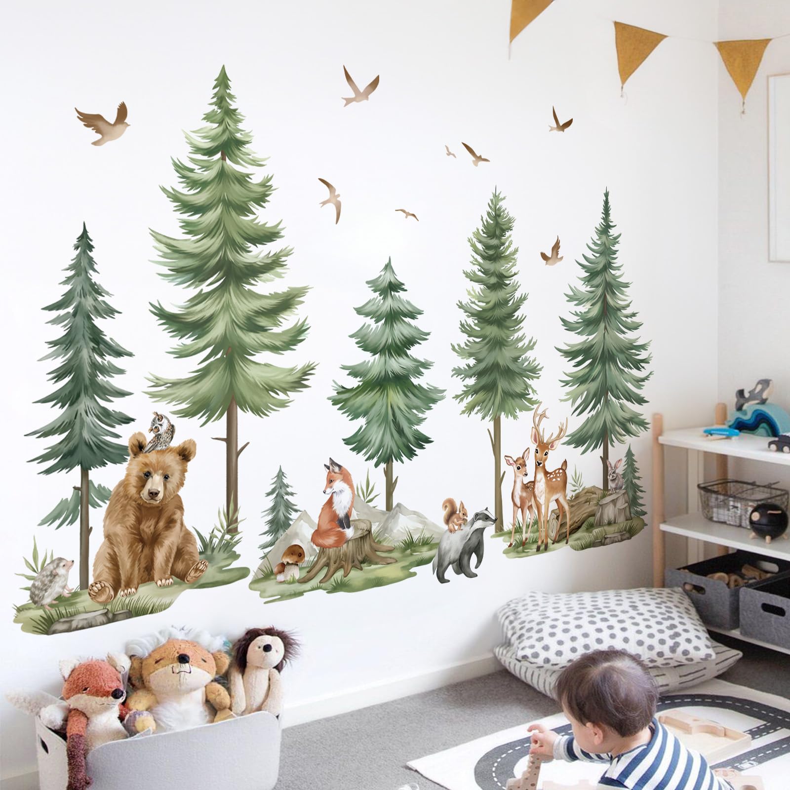 wondever Mountain Tree Wall Stickers Large Pine Tree Forest Animals Bear Deer Peel and Stick Wall Art Decals for Kids Bedroom Baby Nursery