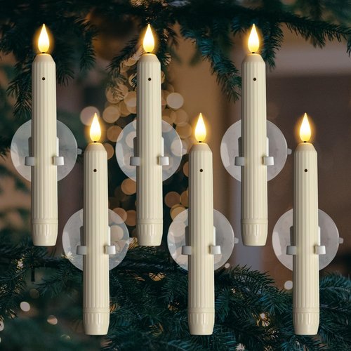 Homemory 6 Pcs Window Candles - Flameless LED Taper Candles with Dusk to Dawn Sensor | Ivory Striped Design