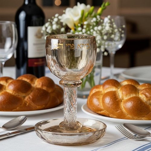 MASORET Crystal Kiddush Cup 6.4 inch Golden Bore Pri Hagefen including a Tray