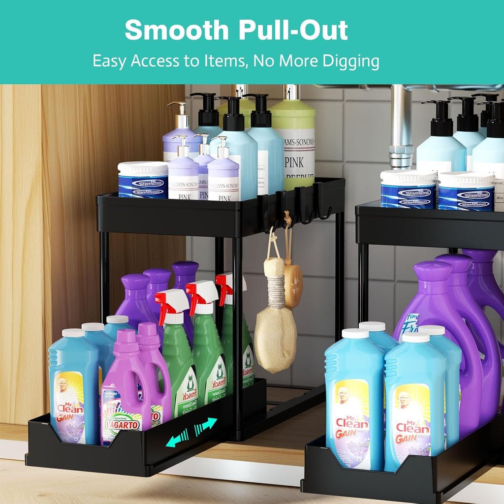 Under Sink Organizers by [Brand Name] - 2-Pack Pull-Out Sliding Cabinet Organizer with 2-Tier Storage & Hooks | 13 Inch, Black