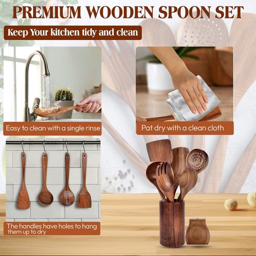KitchenClick 9-Piece Wooden Spoons for Cooking – Teak Wooden Utensil Set with Hooks, Spoon Rest, Holder & Gloves, Nonstick & Heat-Resistant Wooden Cooking Utensils, Durable Spoon Set for Kitchen