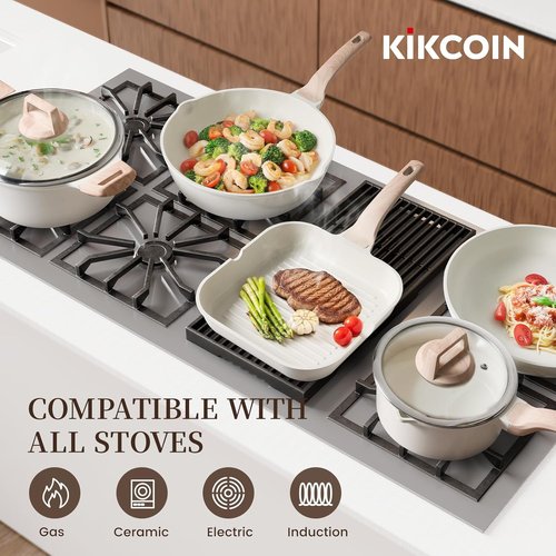 Kikcoin Non-Stick Ceramic Pots and Pans Set - 16-Piece Induction Cookware Set, White, Stackable