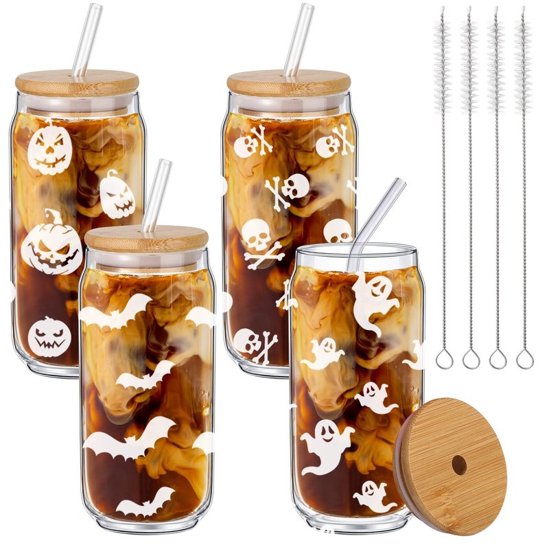 Umigy 4 Set 16oz Halloween Glass Cups Funny Ghost Witch Iced Coffee Can Cup Tumblers Pumpkin Fall Decorations Drinking Glasses with Lids Straws Brushes Halloween Birthday Gift for Women Men(Classic)