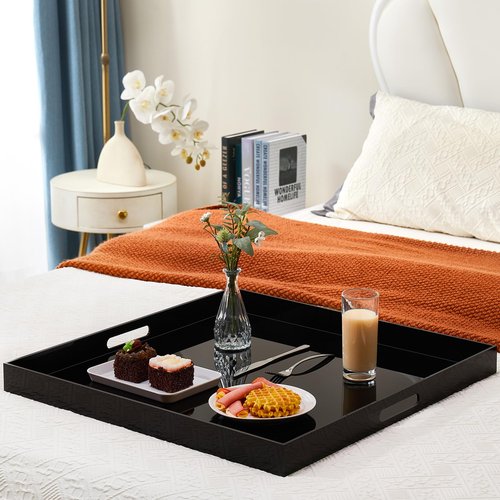 22×22 inches Oversized Black Acrylic Ottoman Tray Extra Large Decorative Tray Spill-Proof Serving Trays with Handles King-Size Safe Edge Organizer for Coffee Table Countertop Breakfast