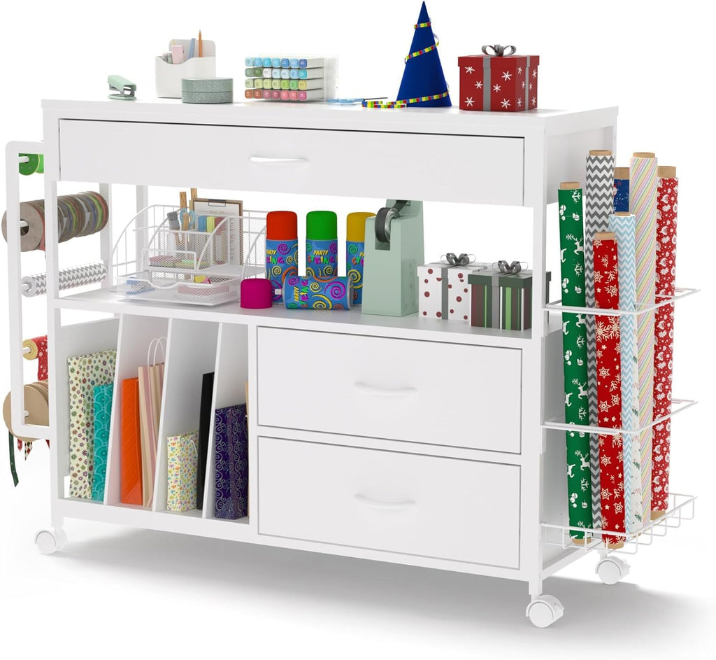 Regine Switzerland Wrapping Paper Organizer - Stylish Craft Cart with 3 Wooden Drawers | White