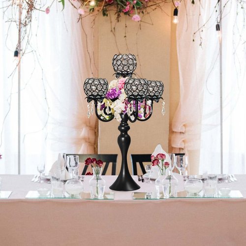Kehail 22.5" Black Metal & Crystal Tea Light Candle Holder - Wedding, Party Centerpiece for Events, Decorative Chandelier (1, Black)