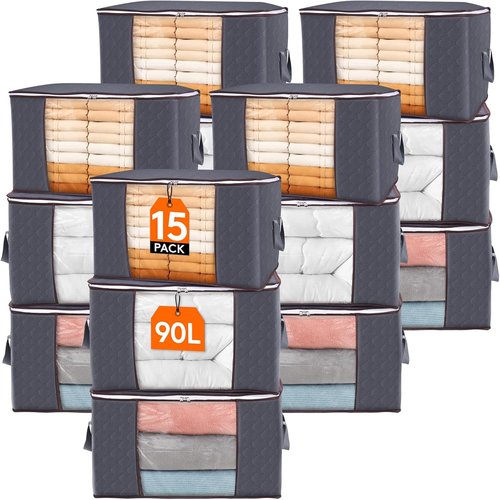 Lifewit 90L Clothes Storage Bins - 15 Pack Foldable Bags with Zippers & Clear Window for Easy Organization