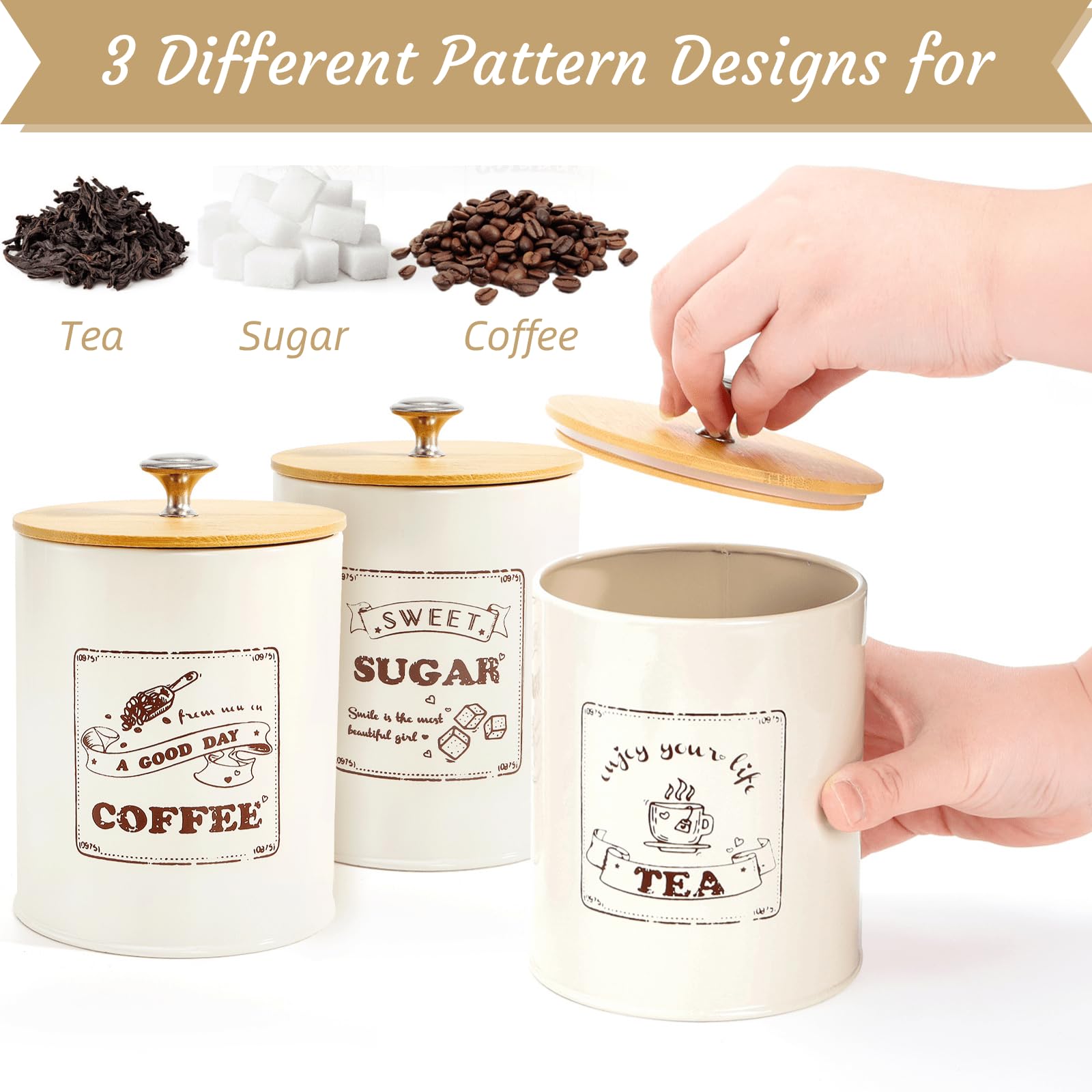 Youeon Metal Canisters Sets for the Kitchen, 40 Oz Coffee Sugar Tea Container Set, Farmhouse Style, Food Storage Containers with Lids for Countertop, Cabinet, Coffee Bar Decor, Beige