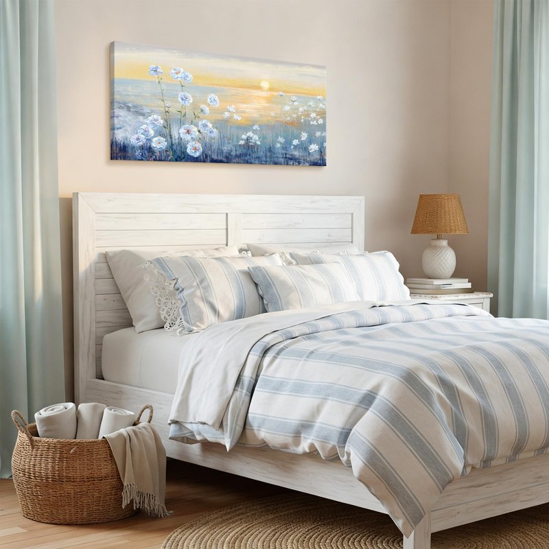 Blue Ocean Sunset Canvas Wall Art for Living Room Abstract Seascape Painting Coastal Beach Wildflowers Picture Natural Sea Landscape Print Sunrise With Yellow Orange Sky Seaside Artwork 20x40inch
