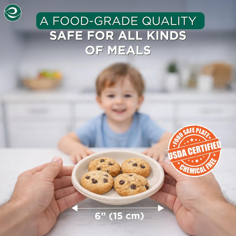 ECO SOUL Compostable Paper Plates 6 Inch, 100 Pack – Small Disposable Dessert Plates, Heavy Duty, Natural Bagasse, Leak Resistant, Microwave Safe, Eco-Friendly Round Appetizer Plates for Party & BBQ