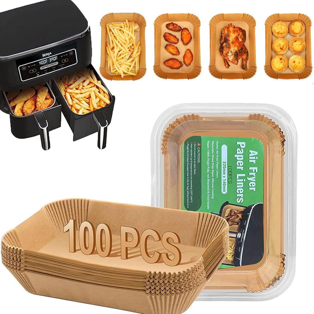 Skiennix Air Fryer Parchment Paper Liners - 100 Pcs Non-Stick, Unbleached Sheets | 8.6x5.5 Inch for Dual Basket Models