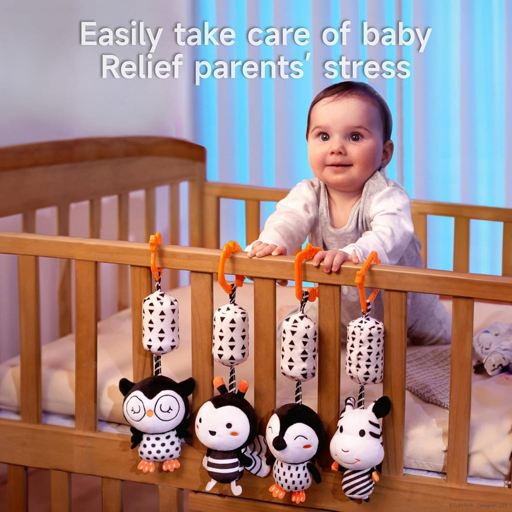 TUMAMA Plush Baby Toys - Black and White Hanging Rattles for Newborns | 4-Pack for Boys & Girls