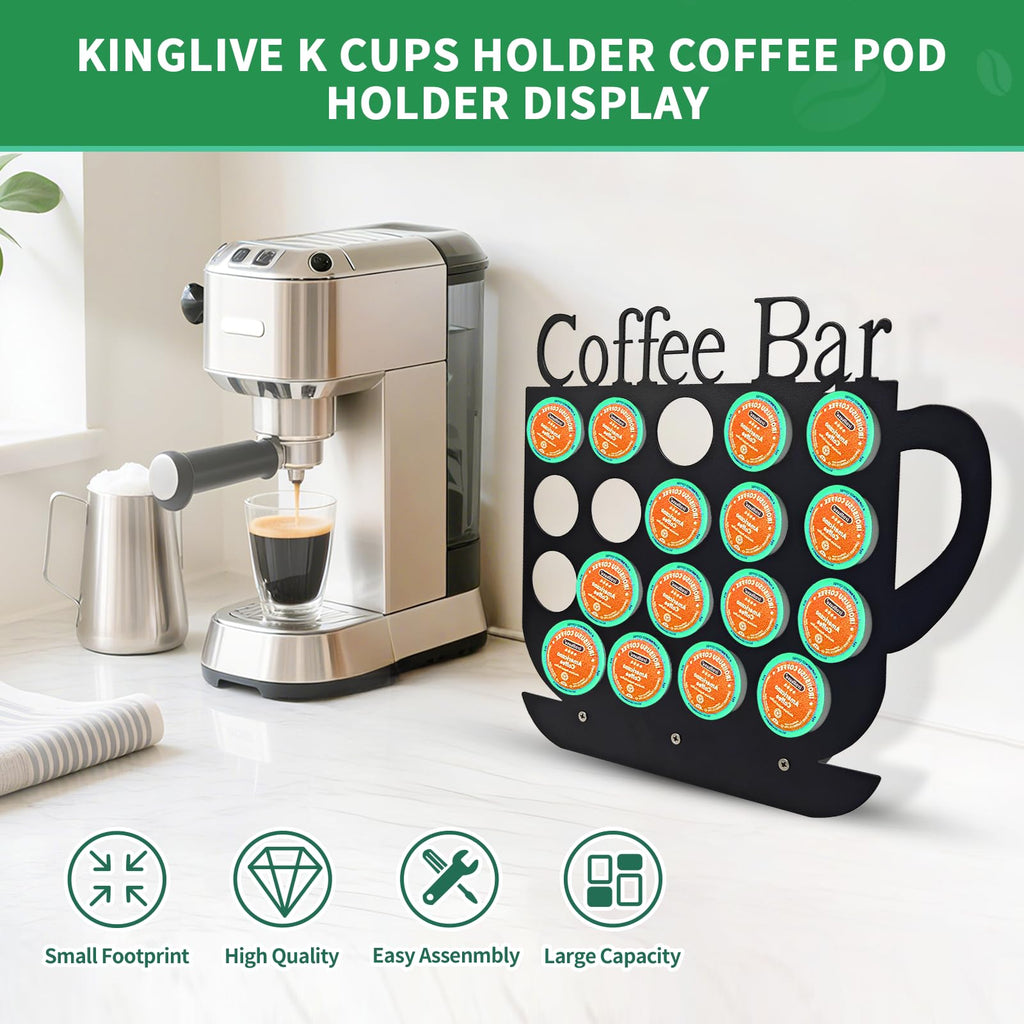 KingLive K Cups Holder Coffee Pod Holder Display, Coffee Bar Design Metal Stand, 19 Pods, Kitchen or Office Home Counter Organizer (Black)