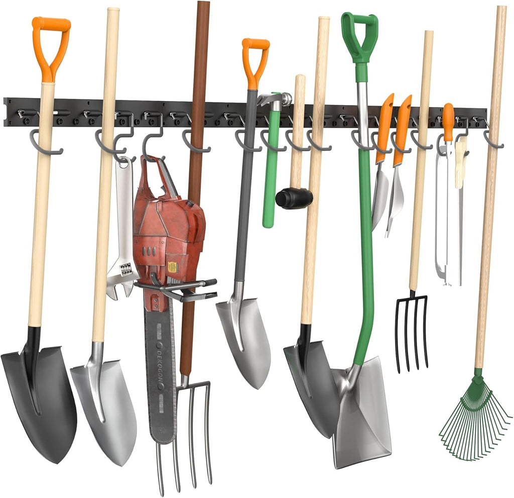 TORACK Wall Mounted Mop and Broom Holder - Garden Tool Organizer with 4 Tracks & 16 Hooks