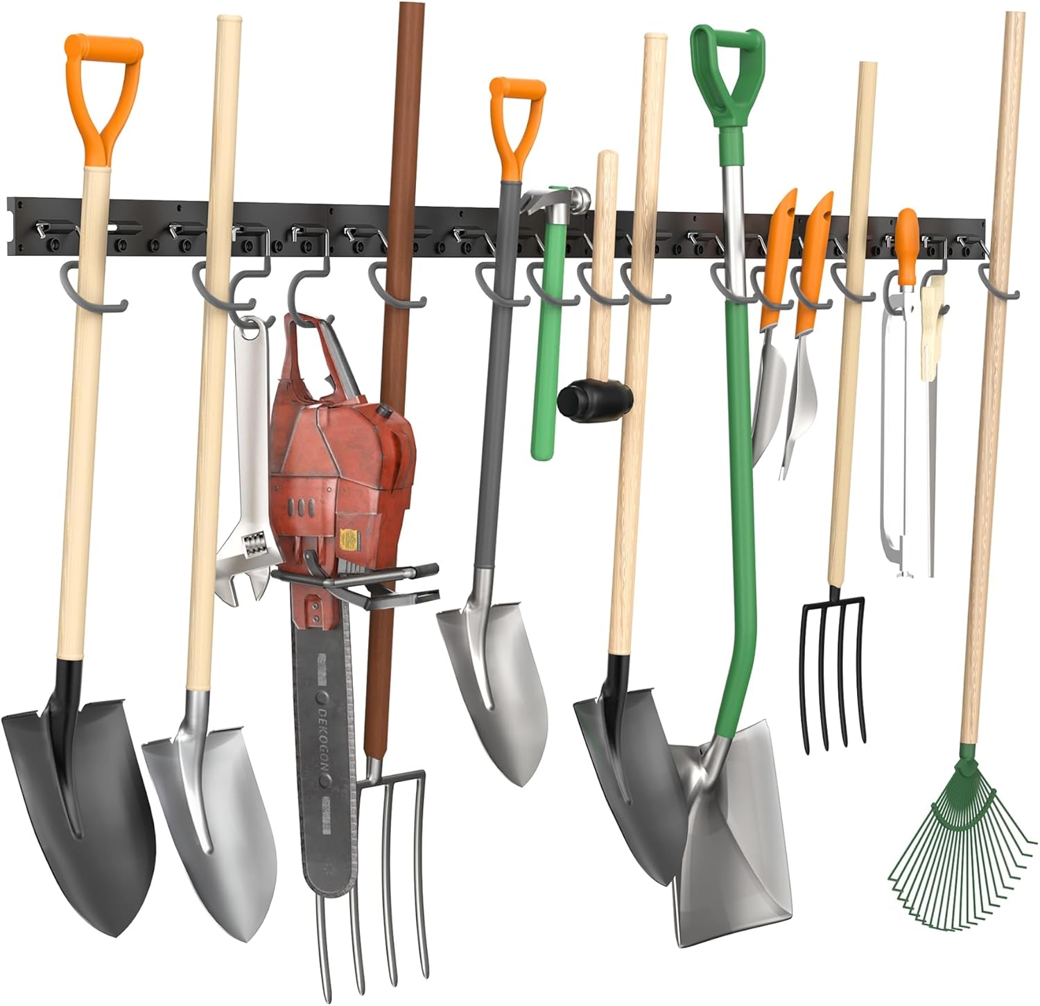 TORACK Wall Mounted Mop and Broom Holder - Garden Tool Organizer with 4 Tracks & 16 Hooks