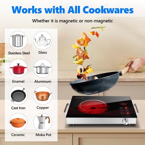 GRACEALL Single Burner Electric Hob 1800W Countertop Hot Plate, Infrared Cooker for Cooking Portable Stove, Compact Hotplate Temperature Adjustable, Touch & Knob Control
