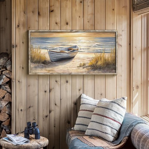 Coastal Wall Art by Beach | Ocean Boat Sunset Painting - Framed Seascape Decor 40”x20”
