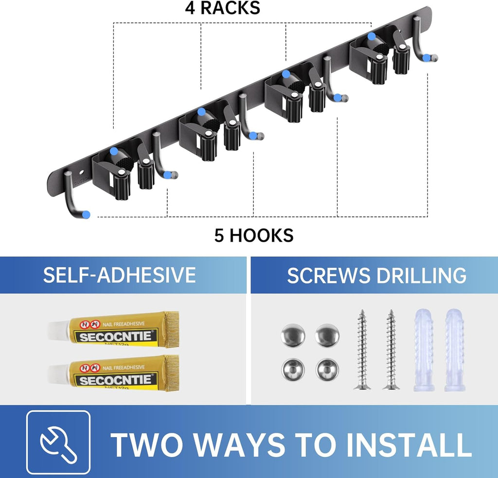 ZONGOOL Wall Mount Broom Holder - Heavy Duty 2 Pack Organizer with 4 Racks & 5 Hooks | Black
