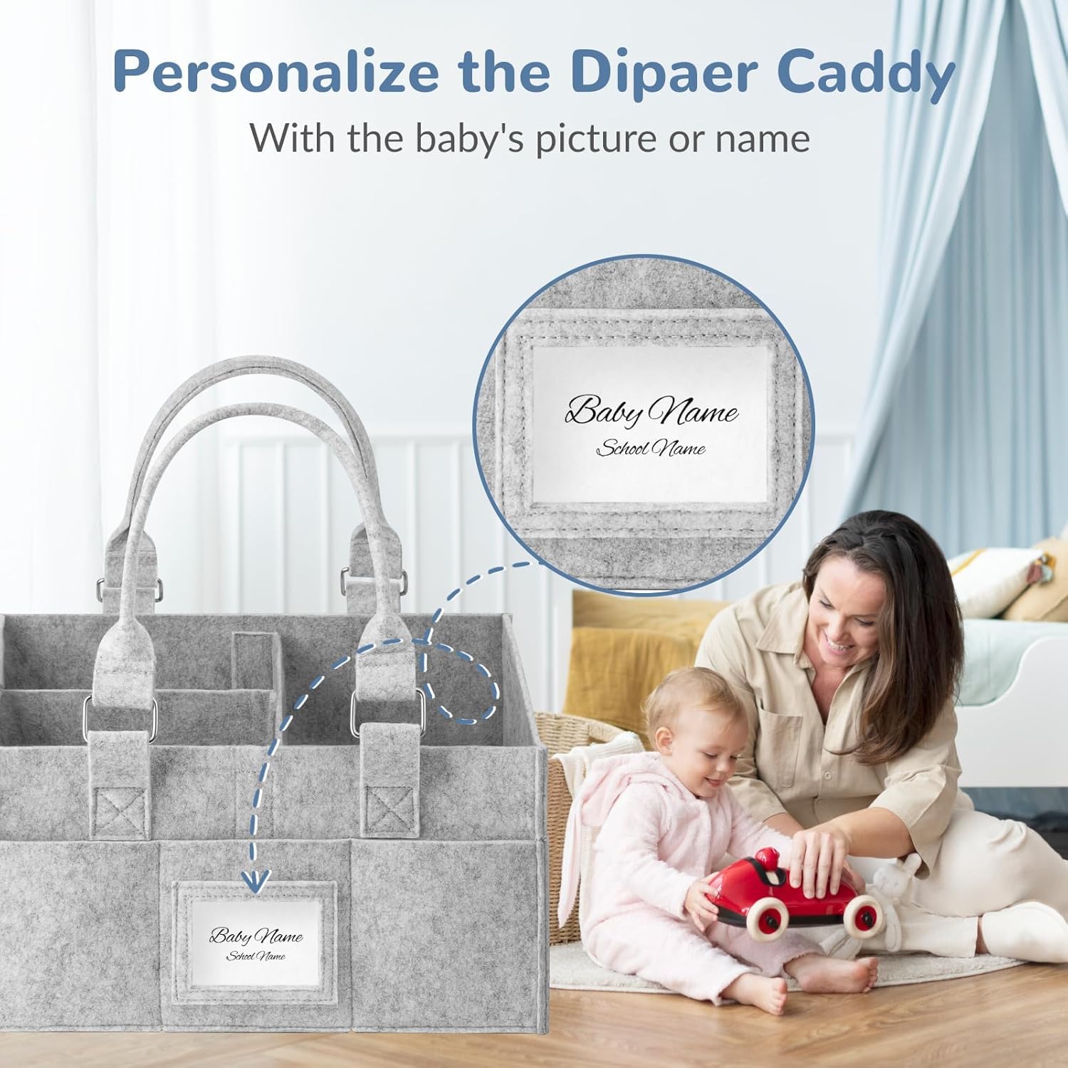 Skiennix Diaper Caddy Organizer - Collapsible Baby Basket with Handle & Photo Frame | Grey, 11.8 x 6.3 x 9.0 Inch