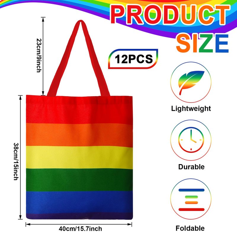 Wovnet 12 Pieces Rainbow Flag Canvas Tote Bags Pride Day Gift Bags Bulk Canvas Handbag for LGBTQ Pride Party Supplies (Pride Day)