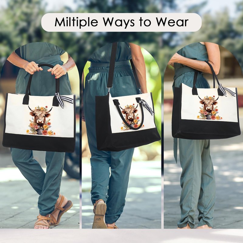 INCOK Highland Cow Gifts Tote Bag - Mother's Day Gift Personalized Highland Cow Canvas Tote Bag with Zipper Aesthetic Floral Reusable Grocery Handbag for Women Cow Lover Mothers Day Travel Beach Bag