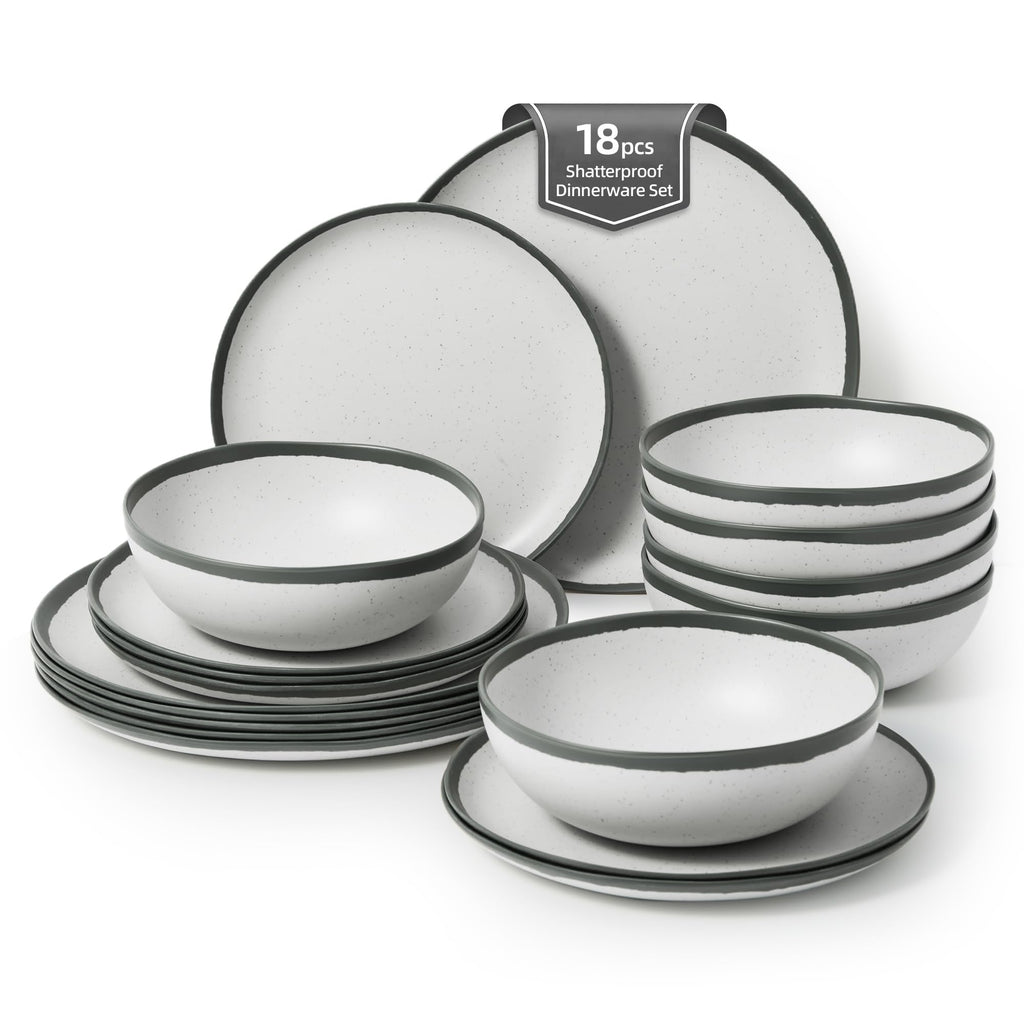 Joviton HOME 18PCS Grey Rim Vintage Melamine Plastic Dinnerware Set for 6 Outdoor Plates and Bowls Sets, Dishes Set