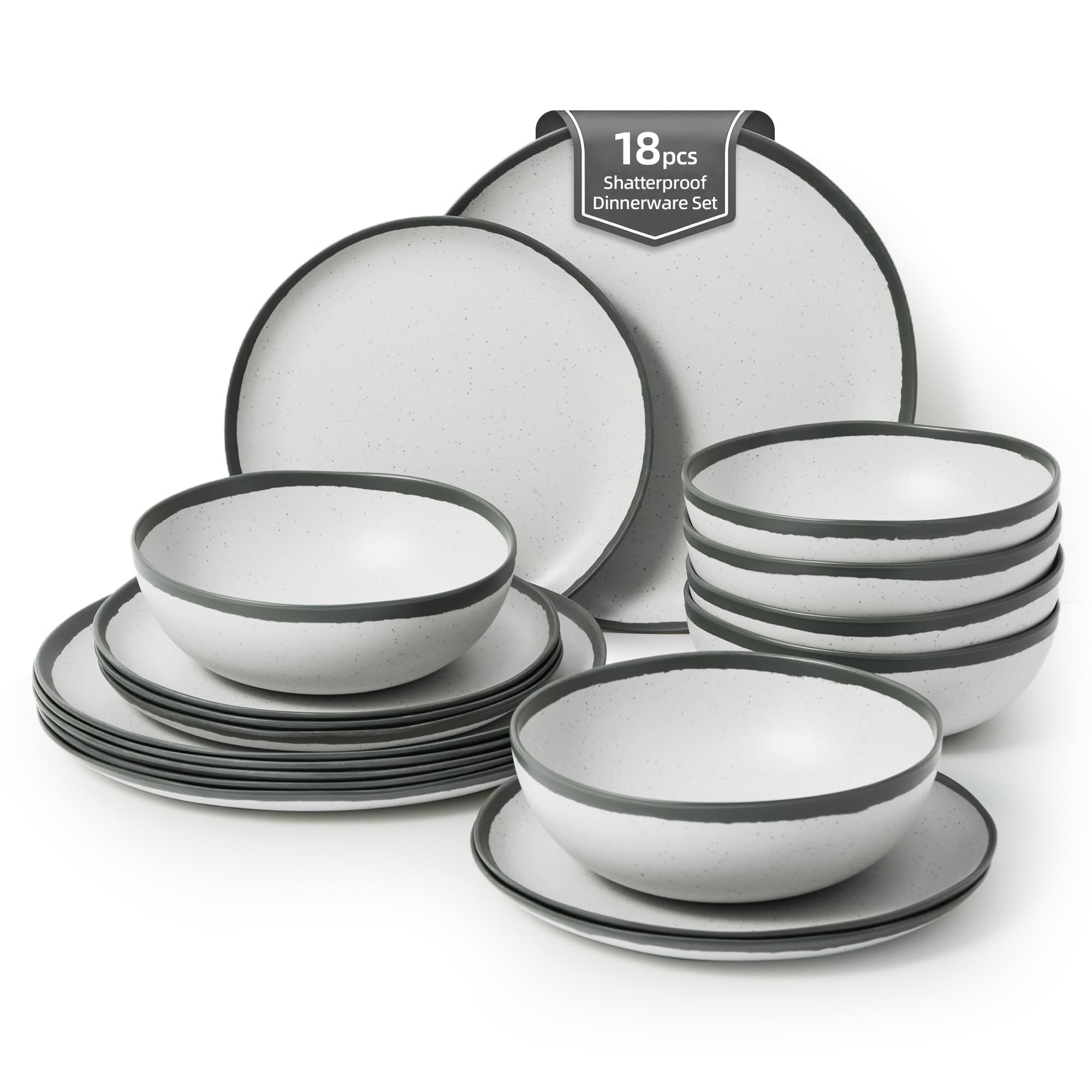 Joviton HOME 18PCS Grey Rim Vintage Melamine Plastic Dinnerware Set for 6 Outdoor Plates and Bowls Sets, Dishes Set