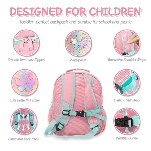 Hairao Toddler Backpack for Girls 2-4,Preschool Kindergarten Butterfly Backpacks,Small Backpack for Kids,Toddler Bookbag with Chest Strap