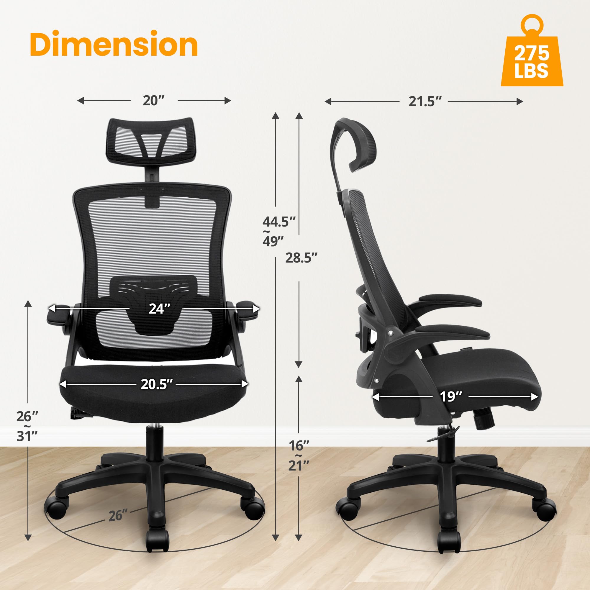 NEO Chair Ergonomic Office Desk Chair High Back Computer Gaming Mesh Chair with Comfy Task Adjustable Arms Lumbar Support Headrest Swivel for Home Office (Black)
