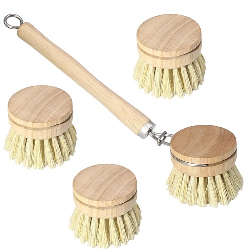 HARSKIYER Wooden Dish Brush Set, 4 Natural Bristle Replacement Heads with 1 Sturdy Wooden Handle, Sisal Kitchen Scrub Brush for Pots, Pans, Vegetables and Cookware