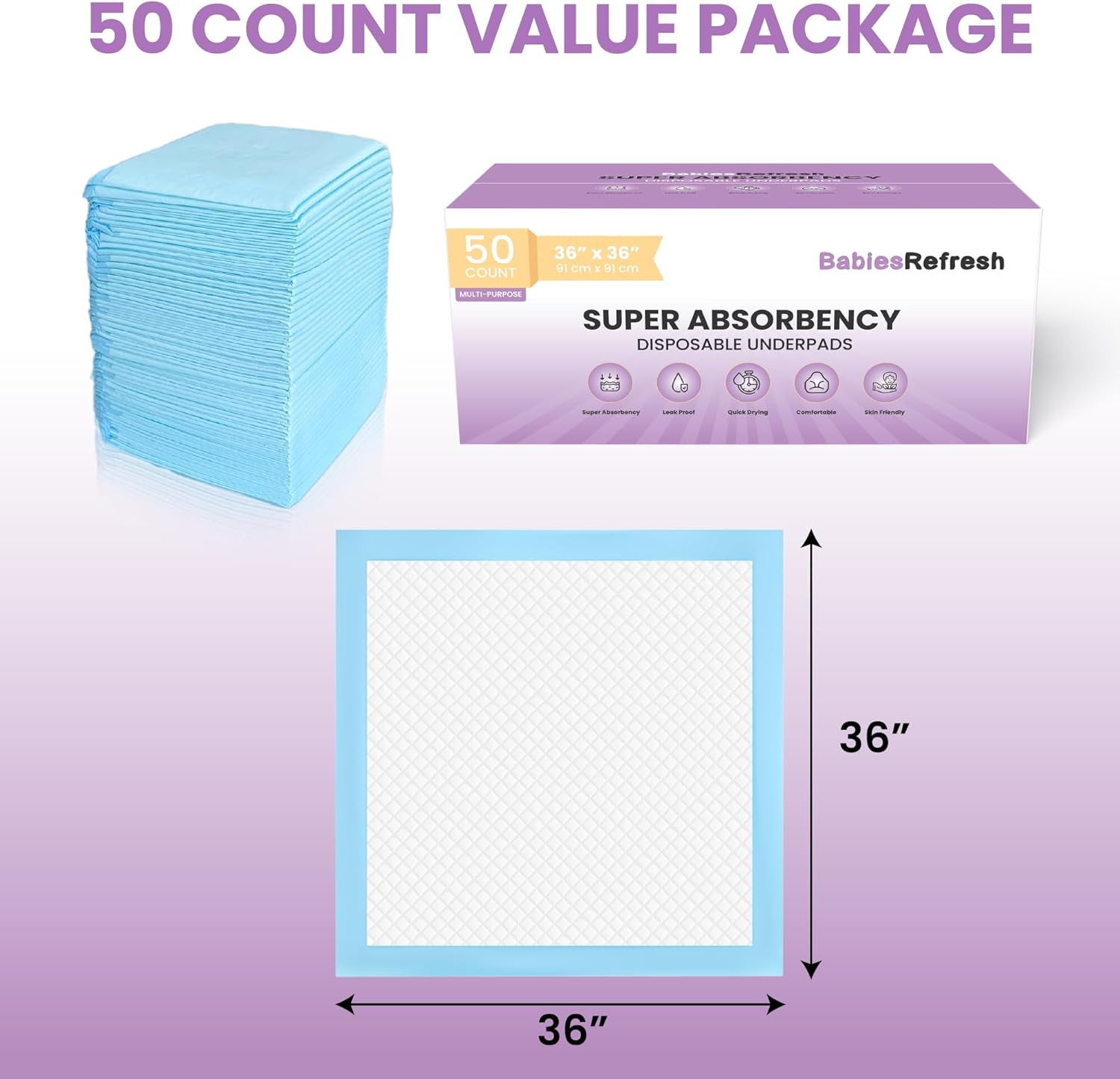 Skiennix Disposable Underpads - Super Absorbent 2XL 36” x 36” | Leakproof & Quick Drying for Babies, Pets & Adults