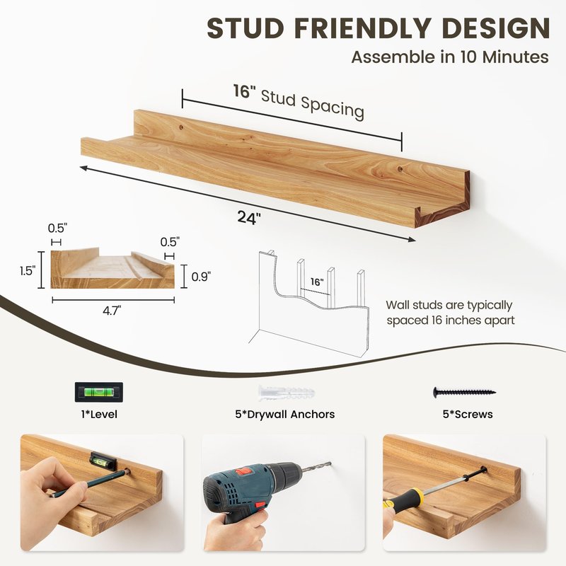 Picture Ledge Shelf - 24 Inches Floating Shelves Set of 2 - Rustic Elm Wood Ledge Shelves for Toys Storage, Kids Bookshelf Wall Mounted for Bedroom, Living Room, Kitchen - 24 Inches - Natural Color