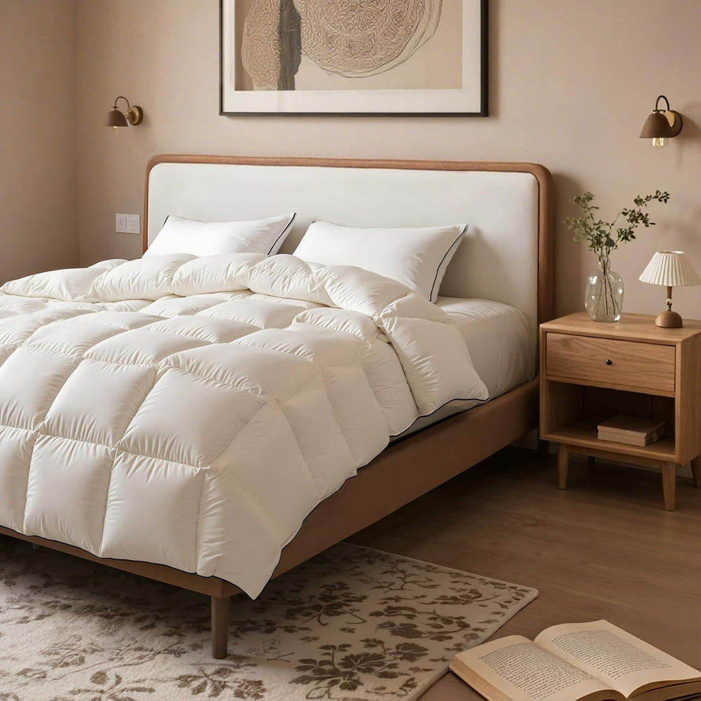 Skiennix Queen Size White Goose Down Fiber Comforter - Super Cozy & Soft Hotel Quilted Duvet Insert | All-Season Fluffy Luxury