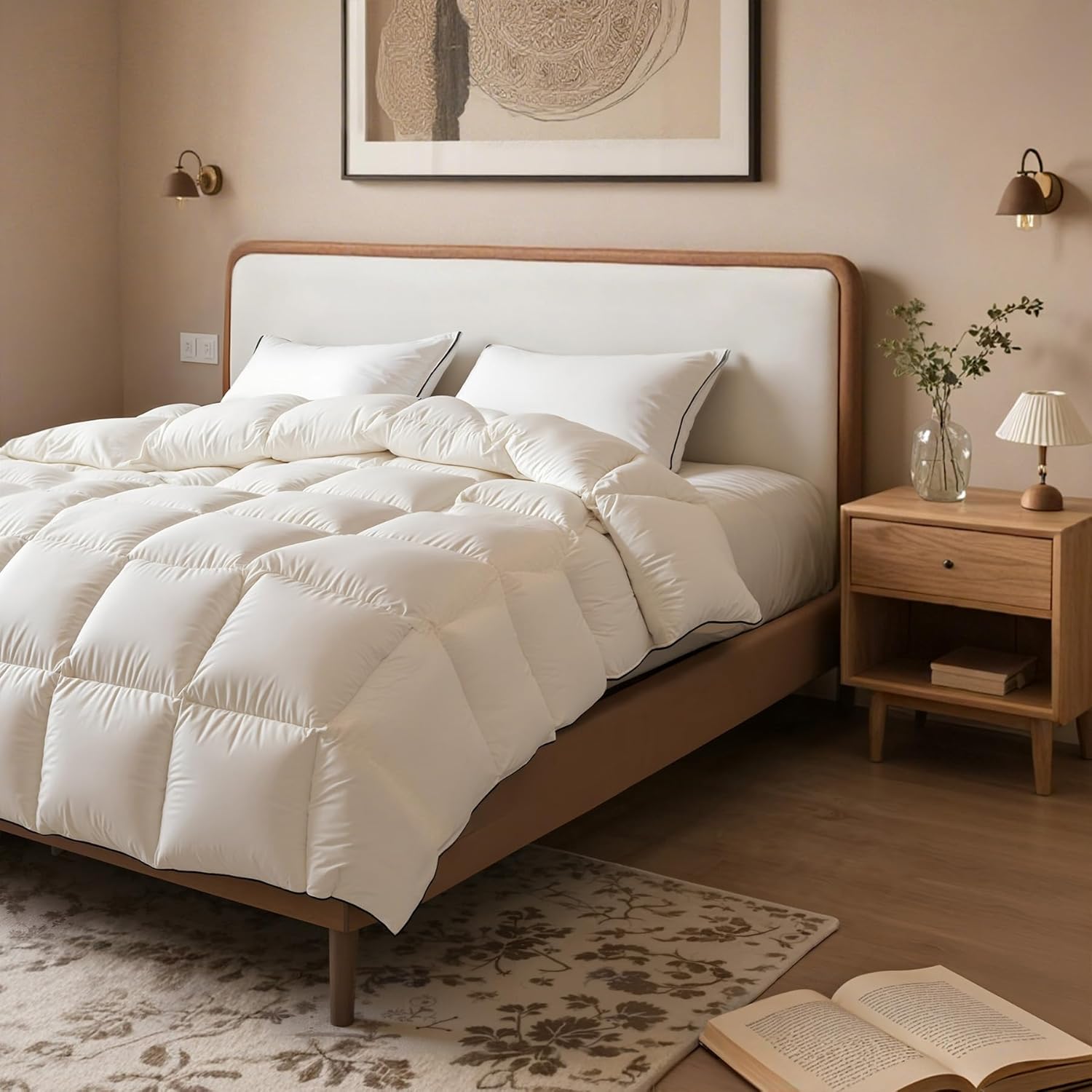 Skiennix Queen Size White Goose Down Fiber Comforter - Super Cozy & Soft Hotel Quilted Duvet Insert | All-Season Fluffy Luxury